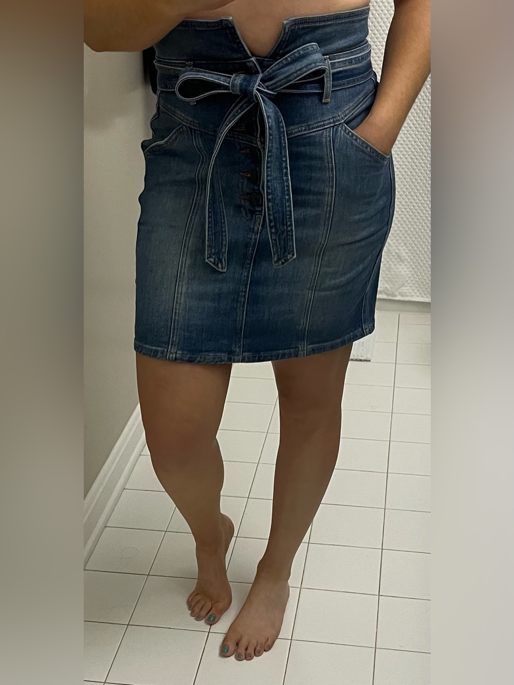 Veronica Beard Dark Blue High-Waist Tie-Belt Denim Mini Skirt
